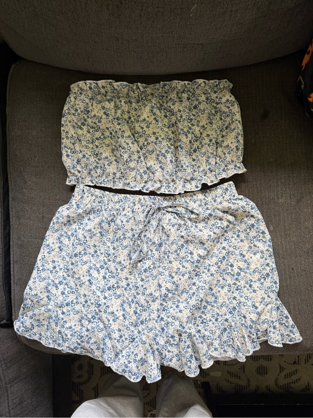 Blue Floral Two-Piece Tube Top and Ruffled Shorts Set